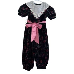 Vintage Thomas Floral Velour Jumpsuit Lace Collar Short Sleeve Toddler Girls 4T